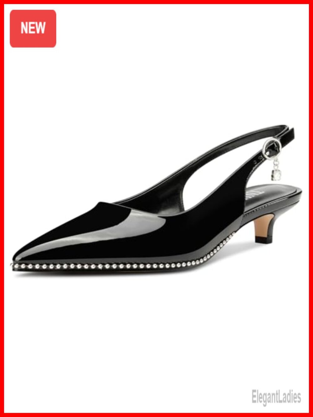 Kitten Heel Slingback Pumps Pointed Toe Patent Leather with Beaded Buckle